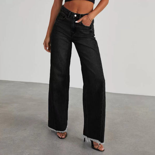 Damen Jeans mit hoher Taille und weitem Bein sowie ausgefranstem Saum Nord Taschen