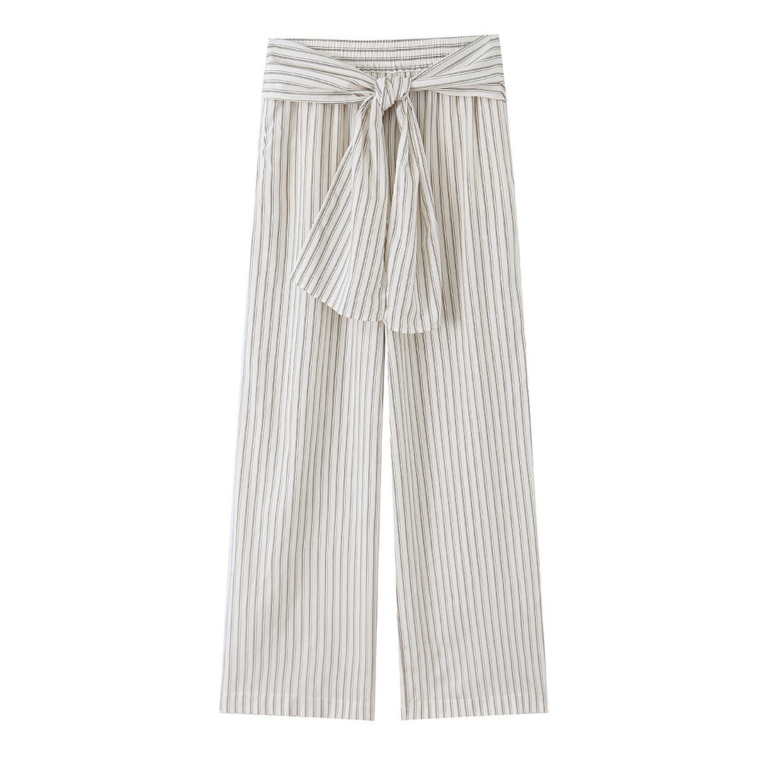 Damen Weite Highwaist-Hose mit vertikalen Streifen und Bindegürtel Nord Taschen