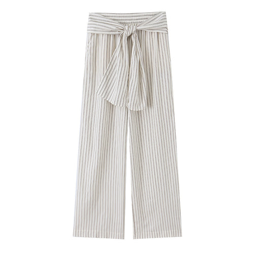 Damen Weite Highwaist-Hose mit vertikalen Streifen und Bindegürtel Nord Taschen