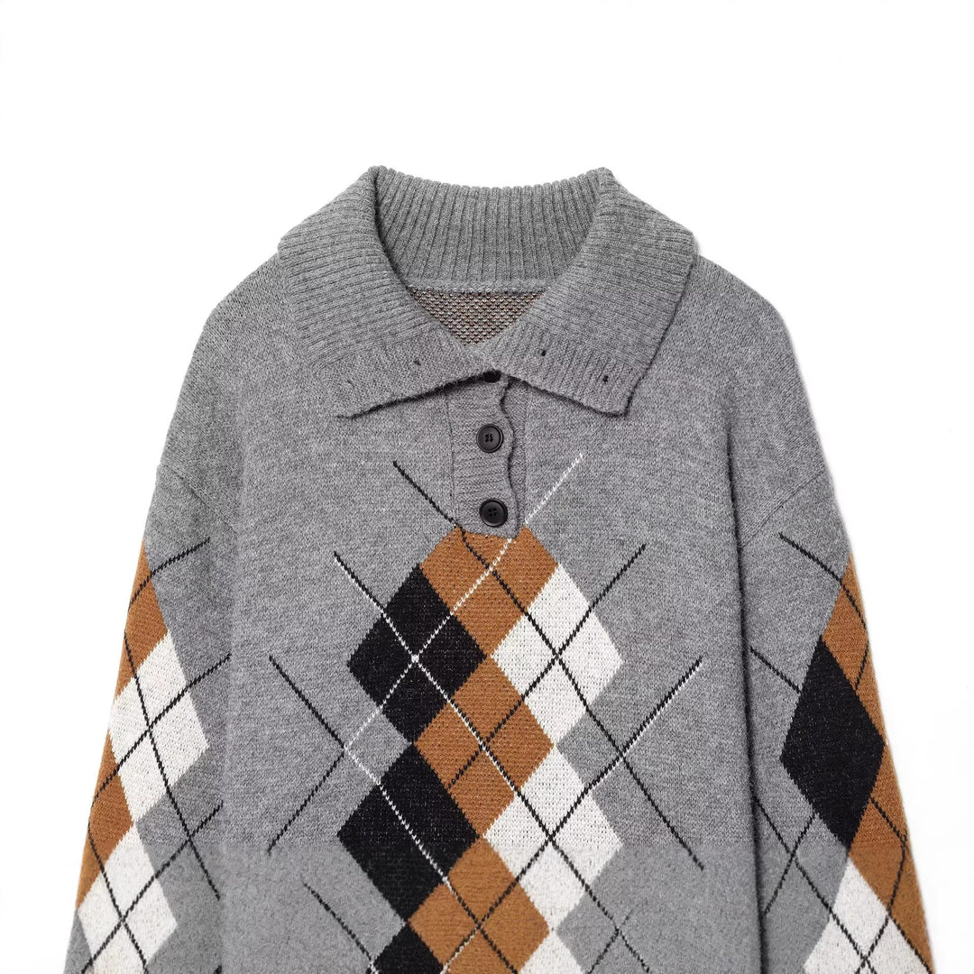 Damen Oversized Pullover mit Rautenmuster und Polokragen mit Knopfleiste Nord Taschen
