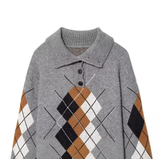Damen Oversized Pullover mit Rautenmuster und Polokragen mit Knopfleiste Nord Taschen