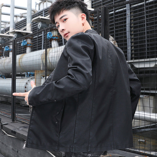 Herren schlanker Kunstleder‑Moto‑Blouson mit Stehkragen und Reißverschluss‑Taschen Nord Taschen