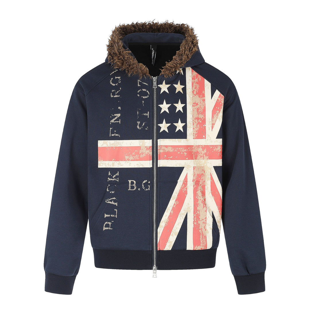 Herren Kapuzenjacke mit Kunstfellbesatz, Reißverschluss und Vintage‑Flaggenprint Nord Taschen
