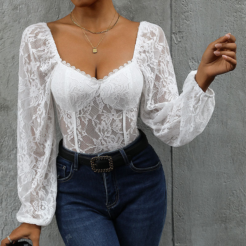 Damen Spitzen-Corsage mit Herzausschnitt, integrierten Cups und transparenten Puffärmeln Nord Taschen