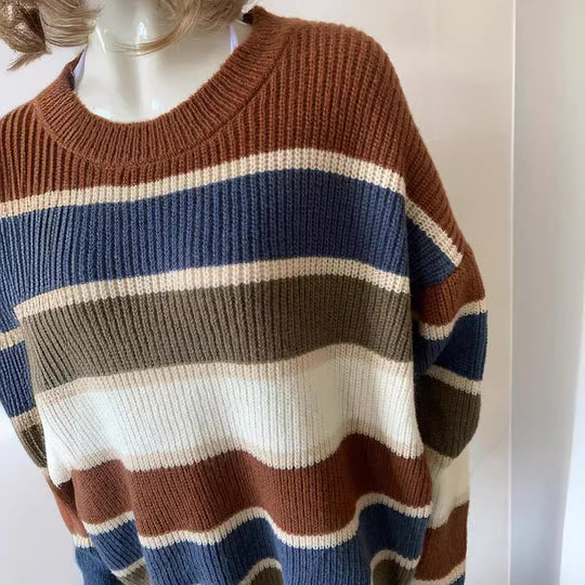 Damen Oversize-gestreifter Strickpullover mit Rundhalsausschnitt und lässigen Ballonärmeln Drune