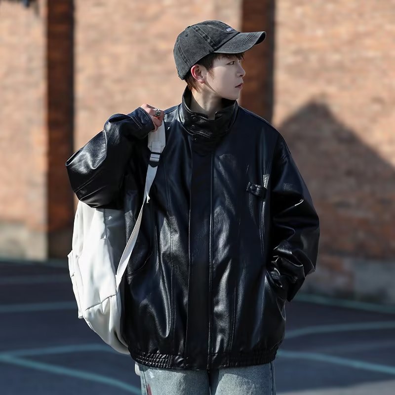 Herren Oversized Kunstlederjacke im Bomberstil mit Stehkragen und elastischem Saum Nord Taschen