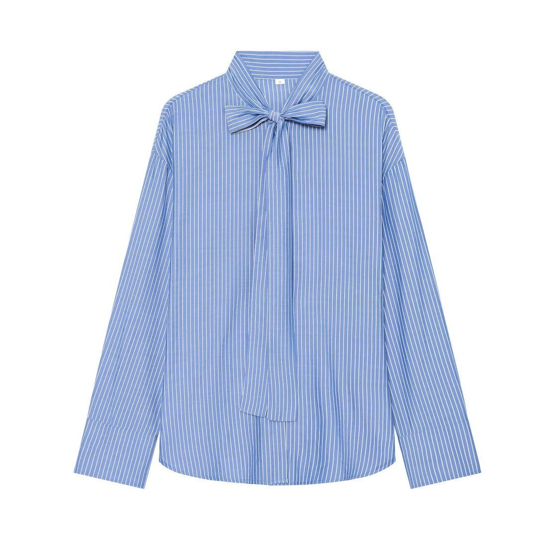 Damen Weite Bluse mit Schluppenkragen und Nadelstreifen Nord Taschen