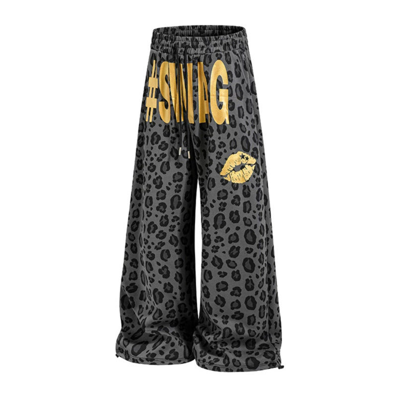 Damen Weite Palazzo-Sweathose im Leo-Muster mit hohem Komfortbund, Kordelzug und goldigem Statement-Print Nord Taschen