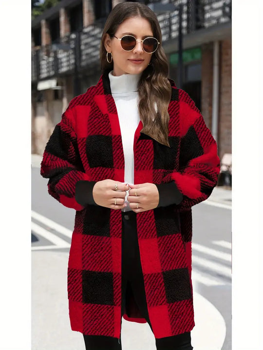 Damen Oversize Karierter Teddy-Mantel mit Kapuze und Eingrifftaschen Nord Taschen