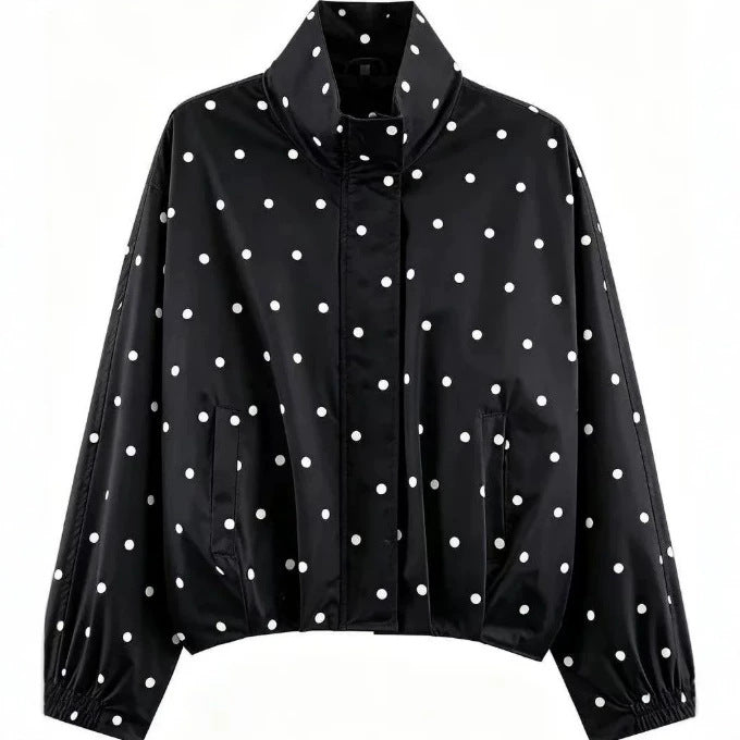 Damen Gepunktete Cropped Blousonjacke mit Stehkragen, elastischem Saum und verdeckter Knopfleiste Nord Taschen