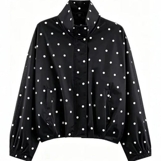 Damen Gepunktete Cropped Blousonjacke mit Stehkragen, elastischem Saum und verdeckter Knopfleiste Nord Taschen