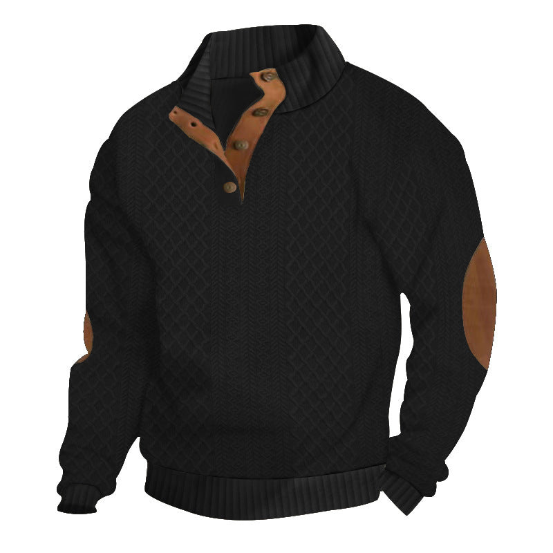 Herren Strukturierter Aran-Strickpullover mit halbem Knopfleistenkragen und Leder-Ellbogenpatches Nord Taschen