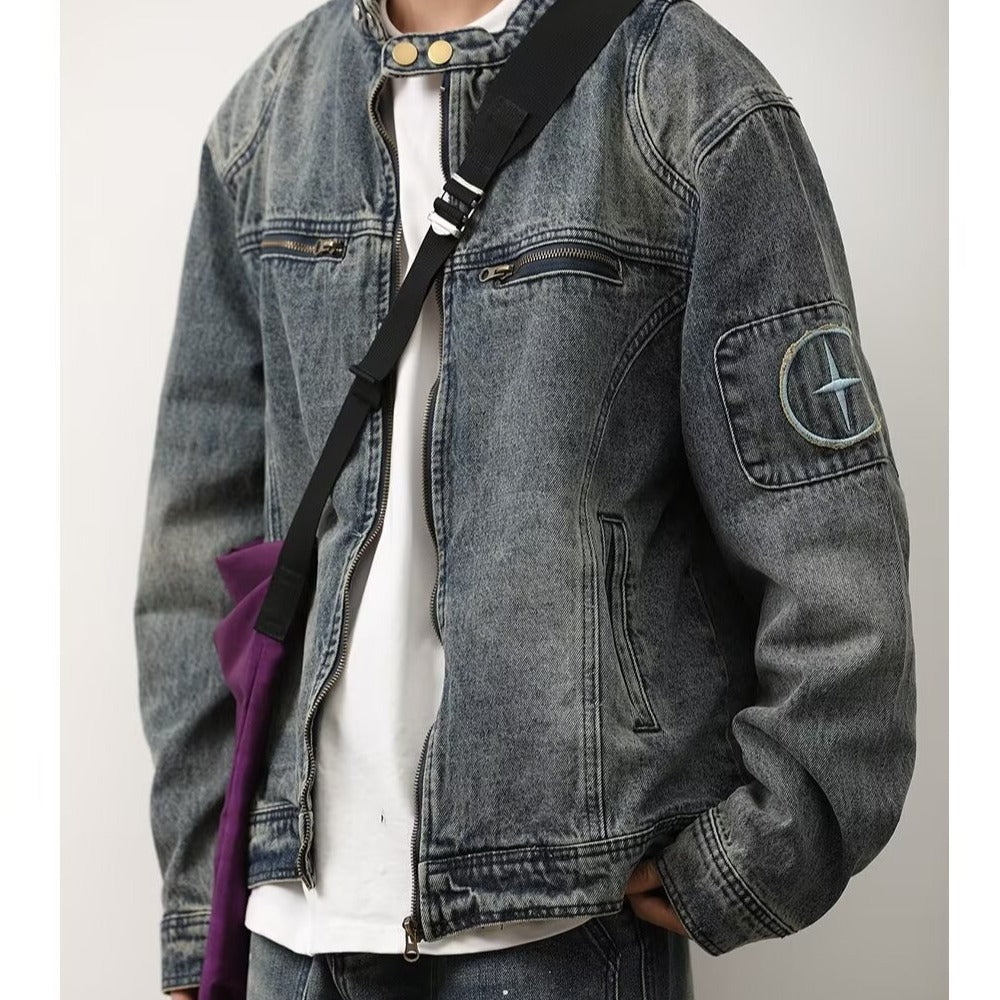 Herren Jeansjacke im Vintage‑Wash mit Stehkragen und Reißverschluss Nord Taschen