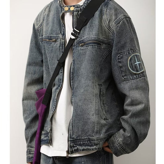 Herren Jeansjacke im Vintage‑Wash mit Stehkragen und Reißverschluss Nord Taschen