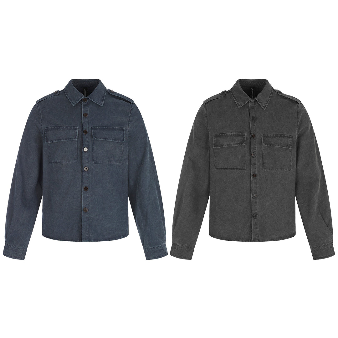 Herren Hemdjacke aus gewaschenem Denim mit Pattentaschen und Schulterklappen Nord Taschen