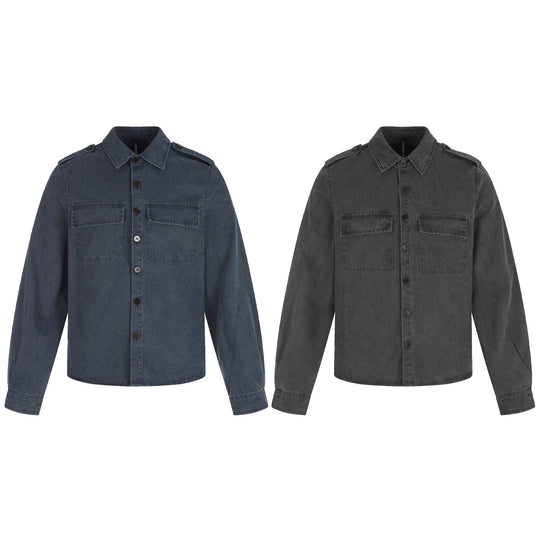 Herren Hemdjacke aus gewaschenem Denim mit Pattentaschen und Schulterklappen Nord Taschen