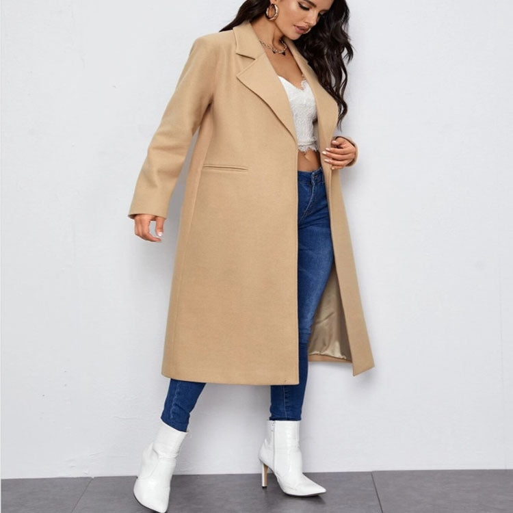 Damen Maxilanger Einreihiger Mantel im minimalistischen Tailoring mit verdeckter Knopfleiste und Eingrifftaschen Nord Taschen