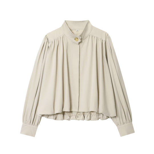 Damen Voluminöse Cropped-Bluse mit Stehkragen, Raffungen und elastischem Saum Nord Taschen