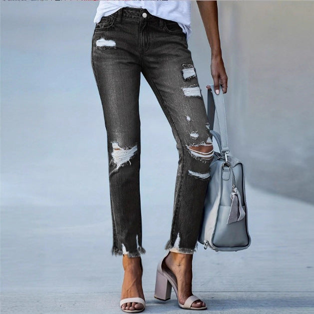 Damen Cropped Destroyed-Jeans mit hohem Bund, geradem Bein & rohem Fransen-Saum Nord Taschen