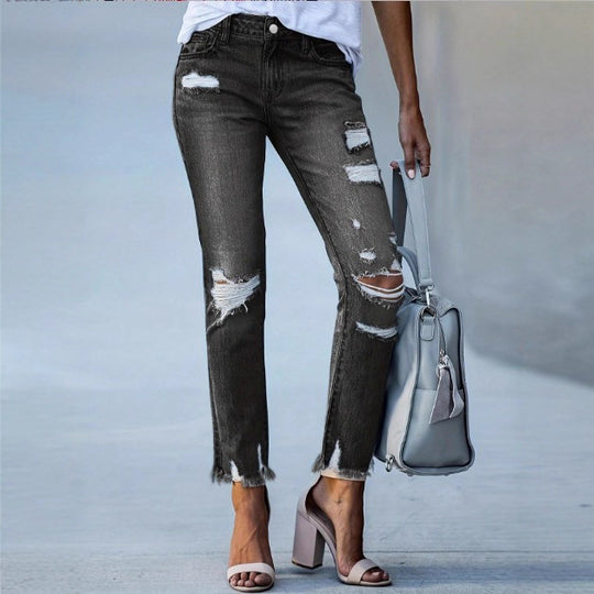 Damen Cropped Destroyed-Jeans mit hohem Bund, geradem Bein & rohem Fransen-Saum Nord Taschen