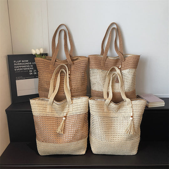 Damen elegante Strandtasche mit ausgefallenem Häkel-Design und dekorativen Quasten Nord Taschen