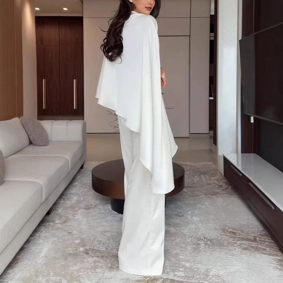 Damen Zweiteiliges Chiffon-Cape mit asymmetrischem Saum und Hose mit elastischem Bund Nord Taschen