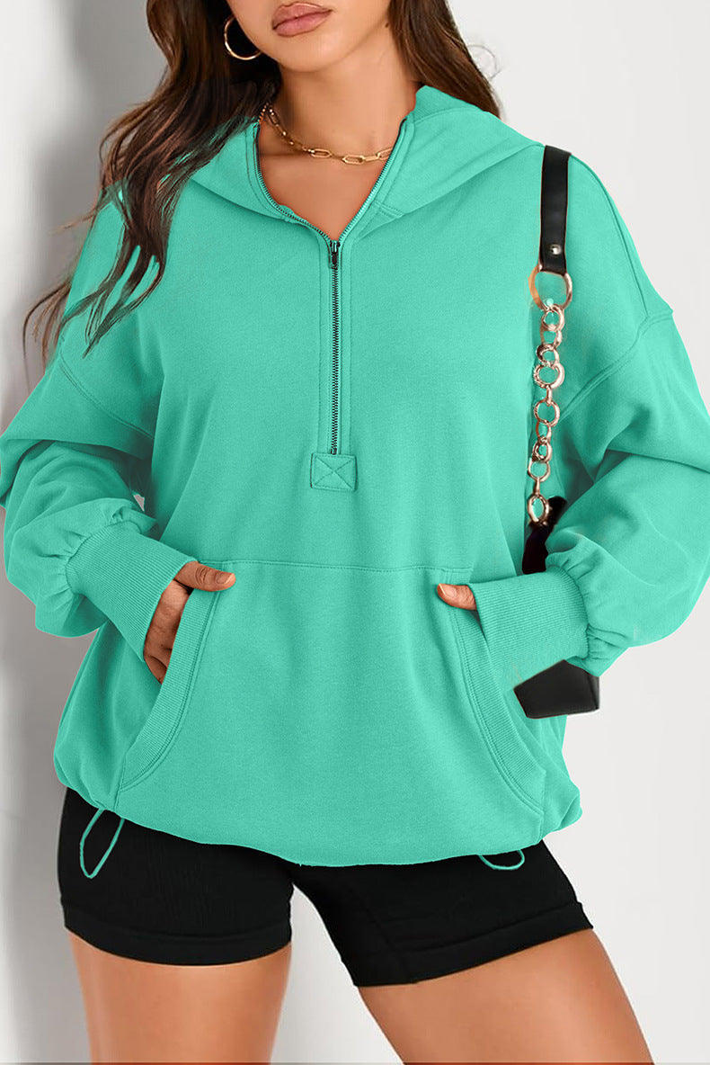 Damen Oversize-Halbreißverschluss-Kapuzenpullover mit Kängurutasche Nord Taschen