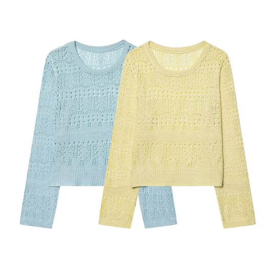 Damen Feinstrick-Openwork-Pullover mit Rundhalsausschnitt und filigranem Lochmuster Nord Taschen
