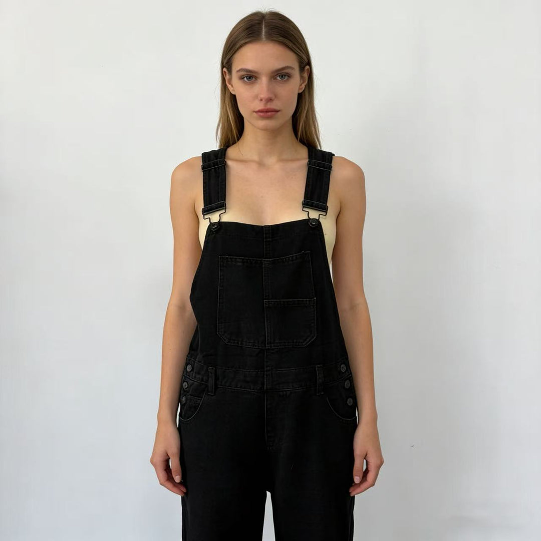 Damen weiche Denim-Latzhose mit weitem Bein, verstellbaren Trägern und Pattentasche Nord Taschen