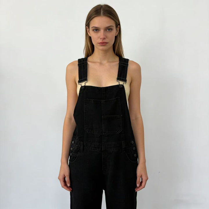 Damen weiche Denim-Latzhose mit weitem Bein, verstellbaren Trägern und Pattentasche Nord Taschen