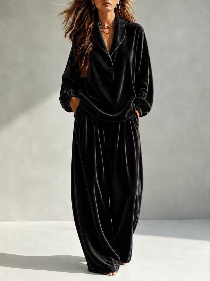 Damen Luxuriöses Velours-Loungewear-Set mit Schalkragen und weiter Palazzo-Hose Nord Taschen