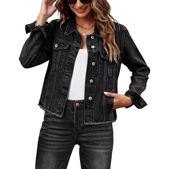 Damen Kurz geschnittene Jeansjacke mit Fransen-Saum und aufgesetzten Brusttaschen Nord Taschen