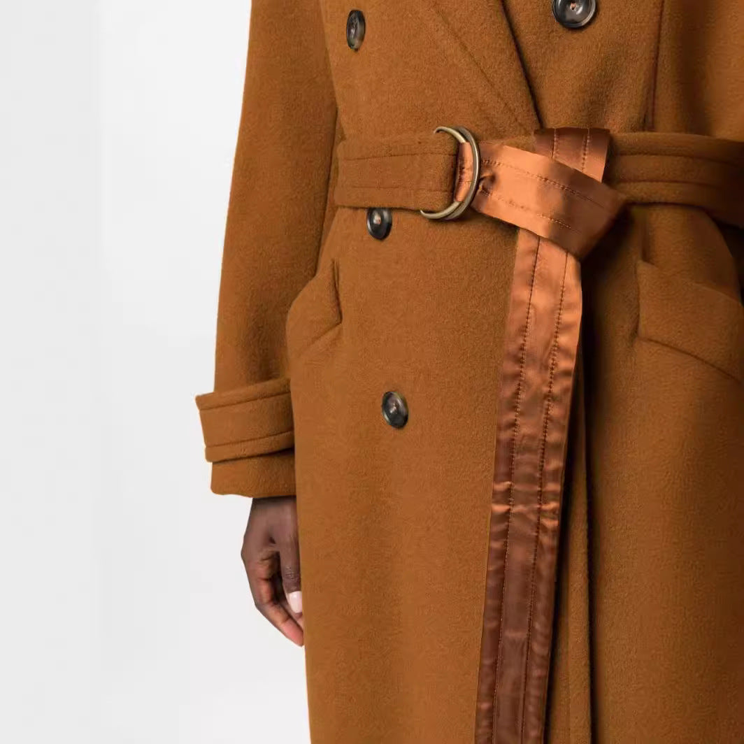 Damen Maxilanger Doppelreihiger Wollmix Mantel mit Satinband Taillengürtel und Krempelärmeln Nord Taschen