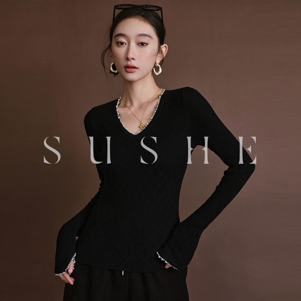 Damen Feinstrickpullover mit Perlenbesatz am V-Ausschnitt Nord Taschen