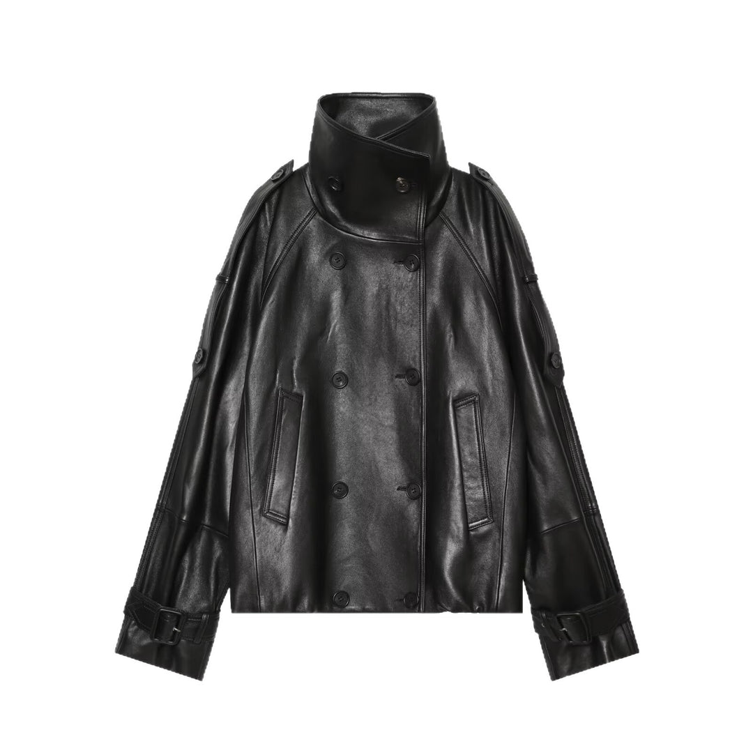 Damen Kurz‑Cape‑Trenchcoat aus veganer Lederoptik mit hohem Stehkragen und Schnallenärmeln Nord Taschen
