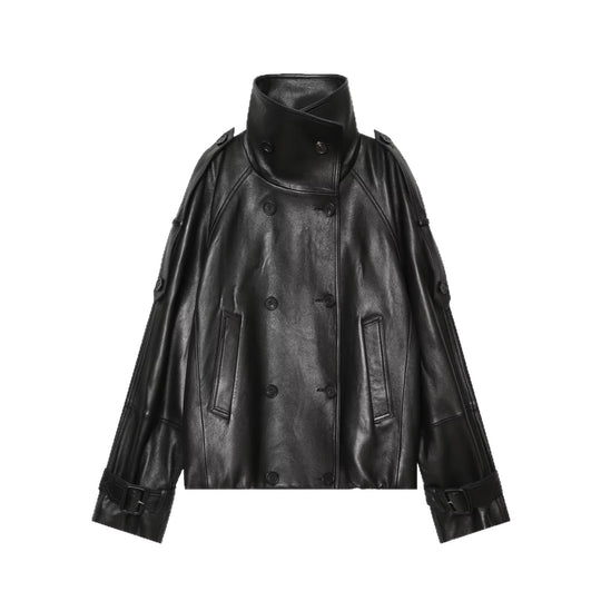 Damen Kurz‑Cape‑Trenchcoat aus veganer Lederoptik mit hohem Stehkragen und Schnallenärmeln Nord Taschen