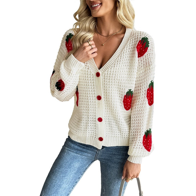Damen Gestrickter Cropped-Cardigan mit Erdbeer‑Intarsien, V‑Ausschnitt und Knopfleiste Nord Taschen