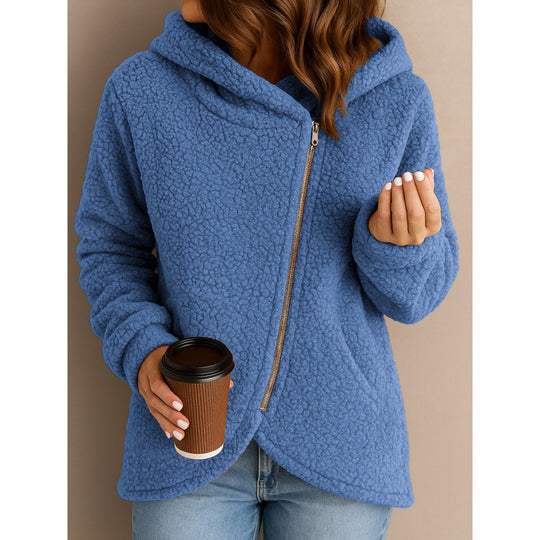 Damen Teddy-Fleecejacke mit asymmetrischem Reißverschluss, Kapuze und gewelltem Saum Nord Taschen