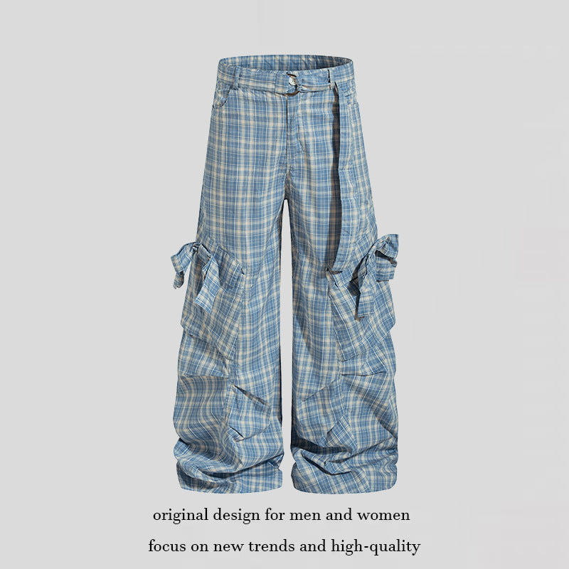Damen karierte hochgeschnittene Cargo-Hose mit weitem Bein und Volant-Taschen Nord Taschen