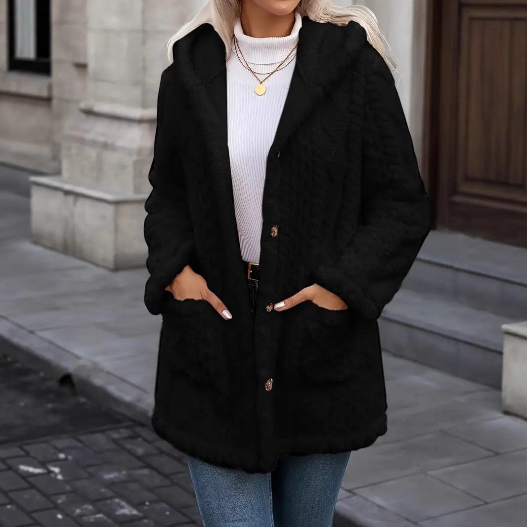 Damen Kuschelige Teddyjacke mit Kapuze, Knopfleiste und aufgesetzten Taschen Nord Taschen
