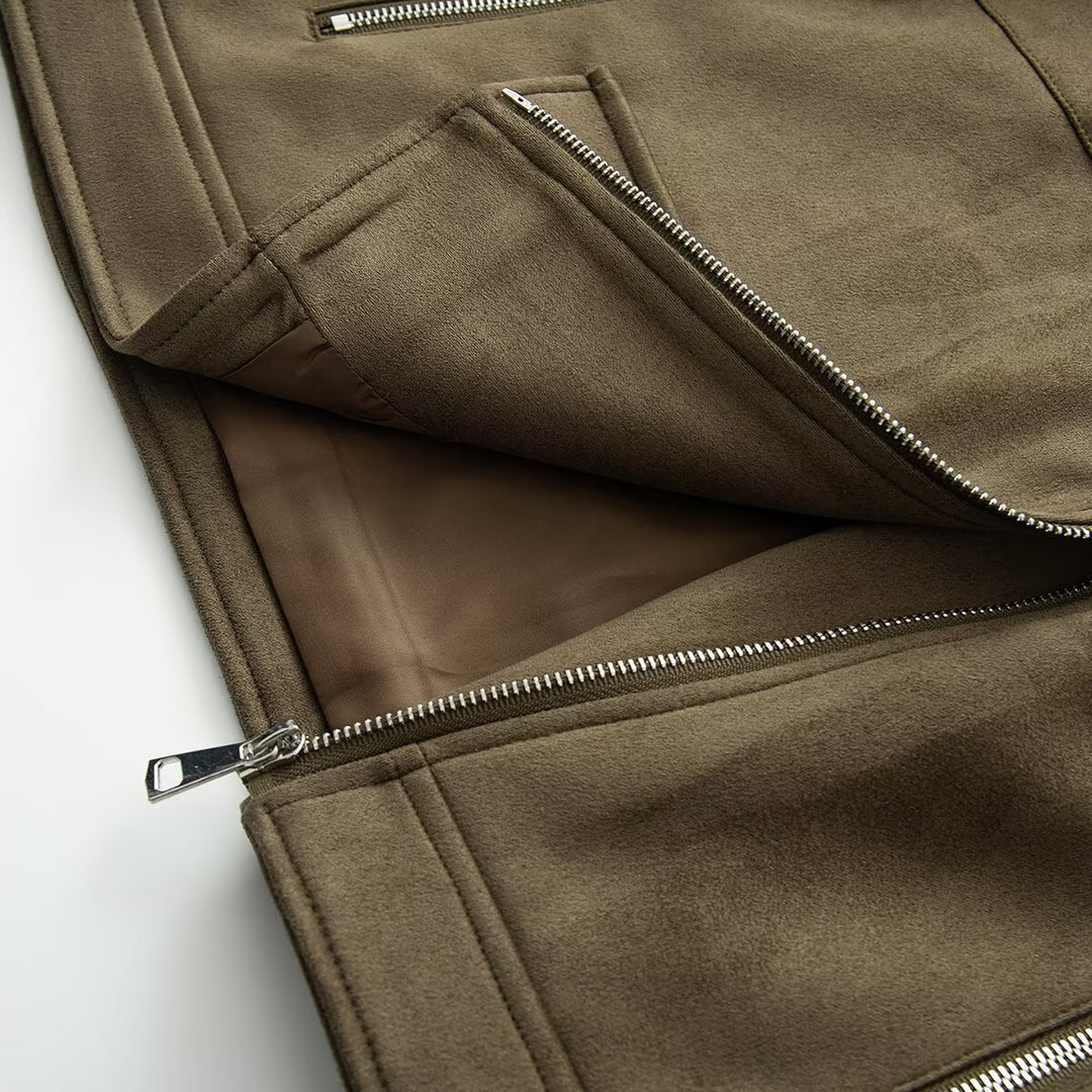 Damen Asymmetrische Veloursleder‑Optik Bikerjacke mit Stehkragen und Zippern Nord Taschen
