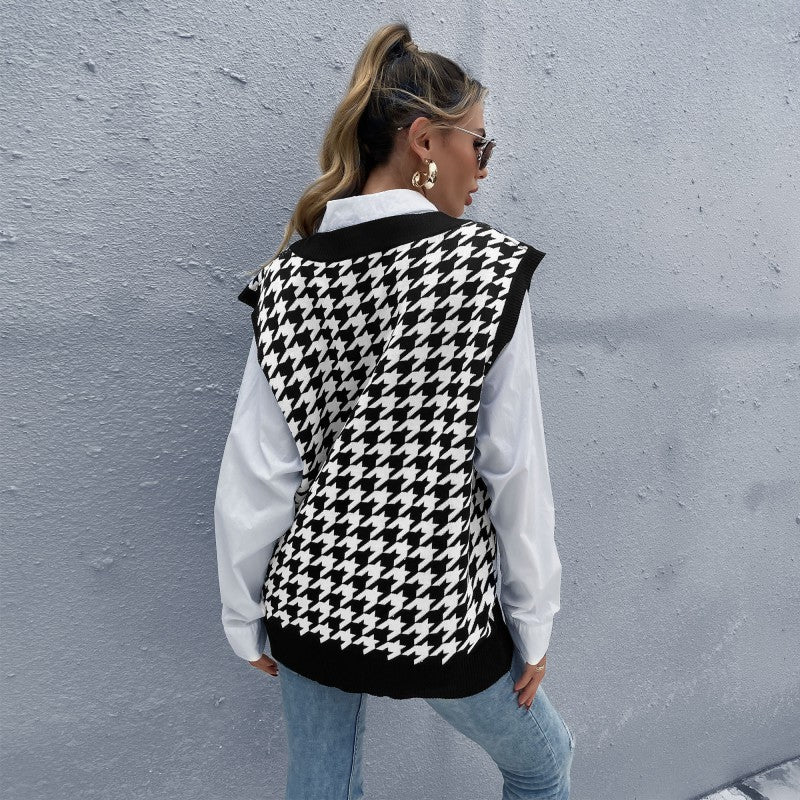 Damen Oversize Strickweste mit Hahnentrittmuster und V-Ausschnitt Nord Taschen