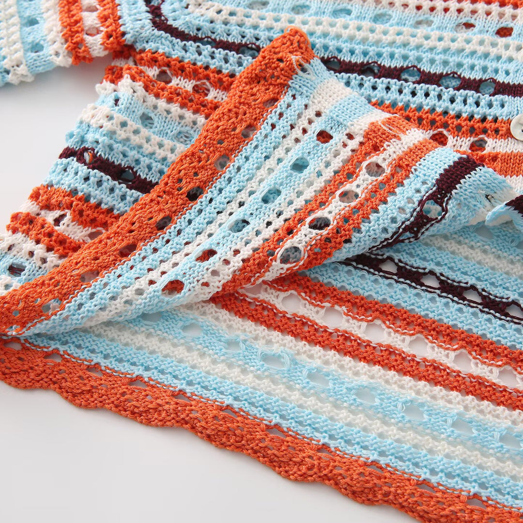 Damen Häkel-Cardigan mit Lochmuster, gestreifter Struktur und Dreiviertelärmeln Nord Taschen