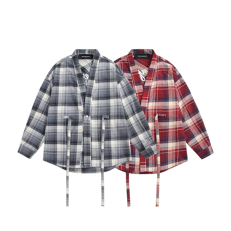 Damen Oversize Karo-Hemdjacke mit Kimono‑Schnitt, Tunnelzugbändern und aufgesetzten Taschen Nord Taschen