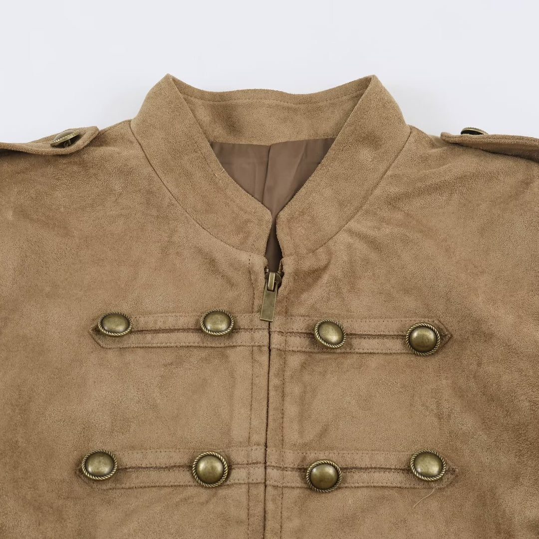Damen Kurzes Militärjackett aus Velourslederimitat mit Stehkragen und Zierknopfleiste Nord Taschen