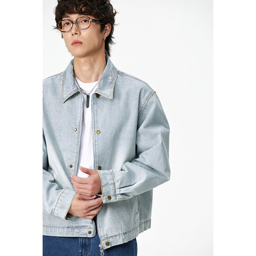 Unisex Gestreifte Oversize-Denimjacke im Worker-Stil mit Stehkragen und Zwei-Wege-Reißverschluss Nord Taschen