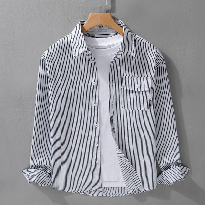 Herren Leichtes gestreiftes Hemdjacken-Overshirt aus Baumwoll-Leinenmix mit Brusttasche Nord Taschen