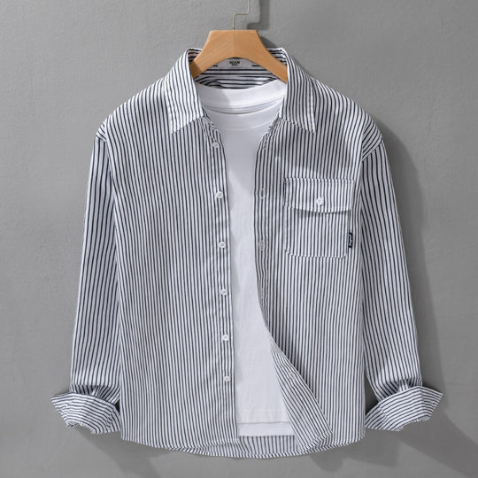 Herren Leichtes gestreiftes Hemdjacken-Overshirt aus Baumwoll-Leinenmix mit Brusttasche Nord Taschen