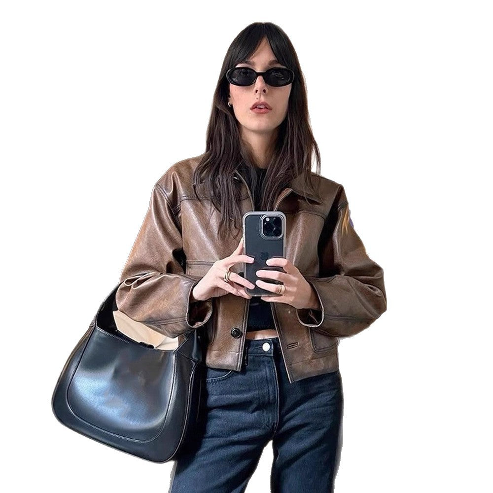 Damen Kurzjacke aus veganem Leder im Cropped-Boxy-Schnitt mit Hemdkragen Nord Taschen