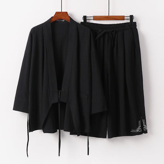 Damen Zen-Kimono-Lounge-Set aus atmungsaktivem Baumwollmix mit Bindebandjacke und weiten Culotte-Hose Nord Taschen